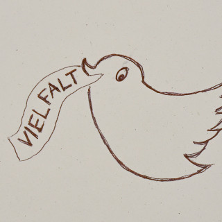 Zeichnung eines Vogels mit Bändchen im Schnabel, auf dem "Vielfalt" steht