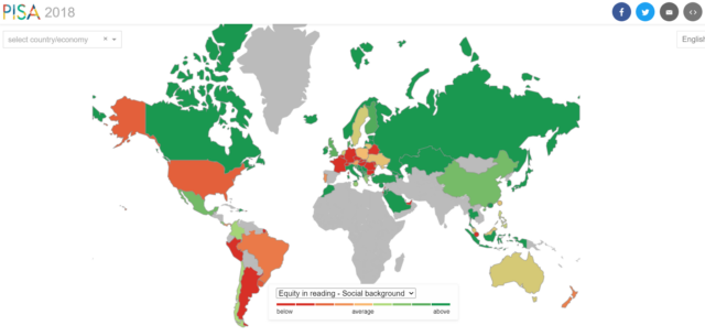 Weltkarte, die die Auswirkungen der soziale Benachteiligung auf das Lesen zeigt.
