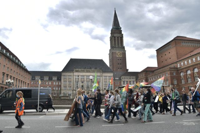 Menschen mit Plakaten und Fahnen laufen in der Gruppe auf der Straße lang, im Hintergrund Gebäude.